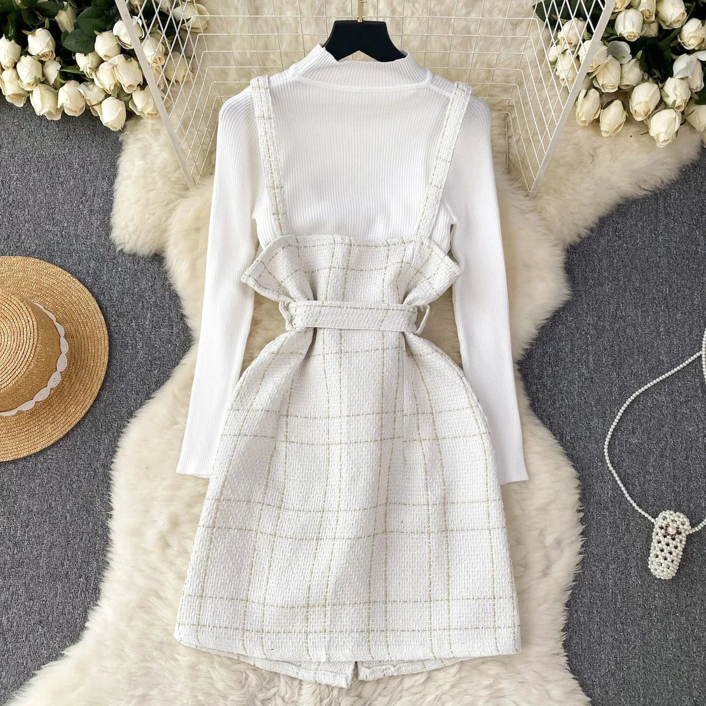Women A Line Tweed Plaid Spaghetti Straps Dress Two-piece Bottoming Sweater Female Knitted Dress Set