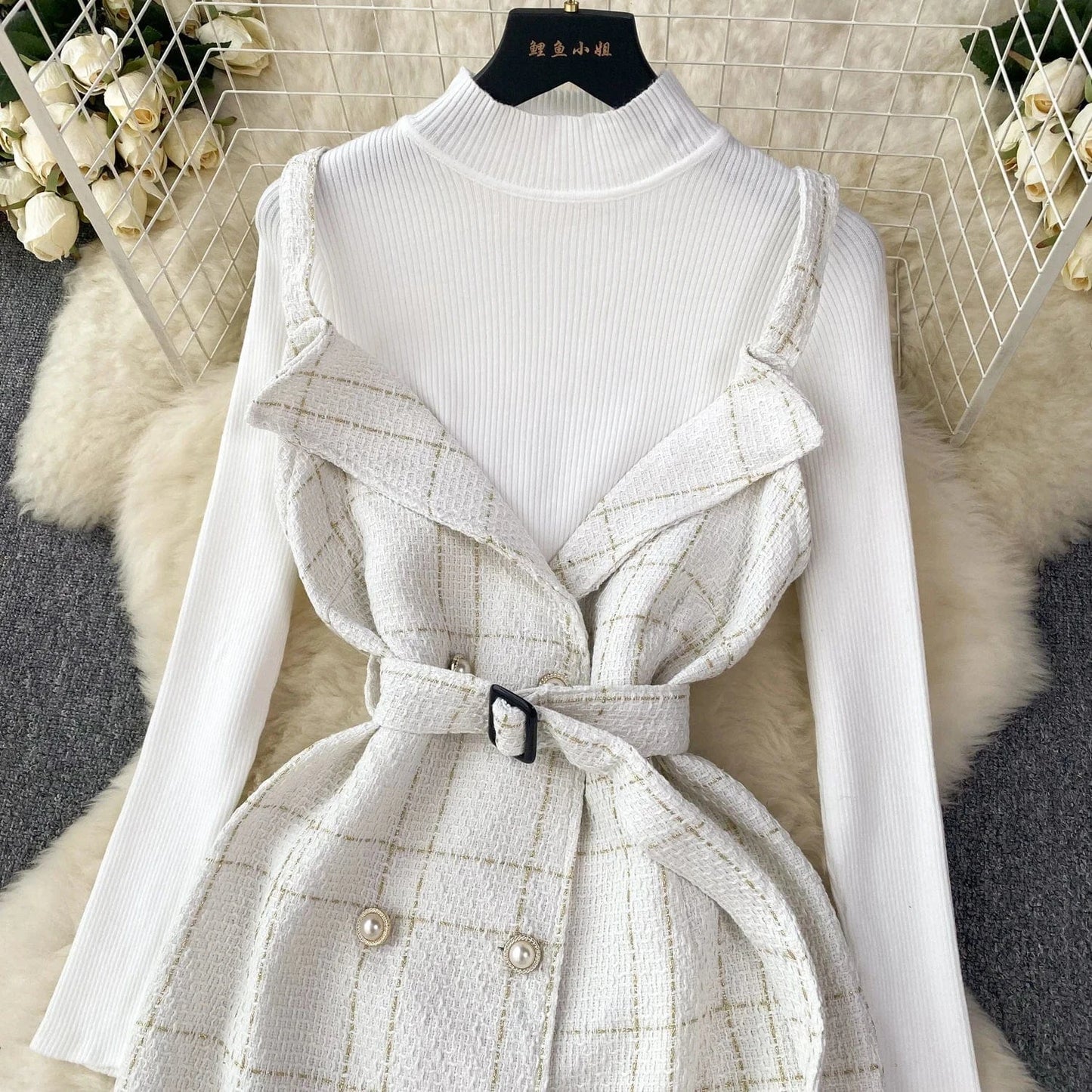 Women A Line Tweed Plaid Spaghetti Straps Dress Two-piece Bottoming Sweater Female Knitted Dress Set