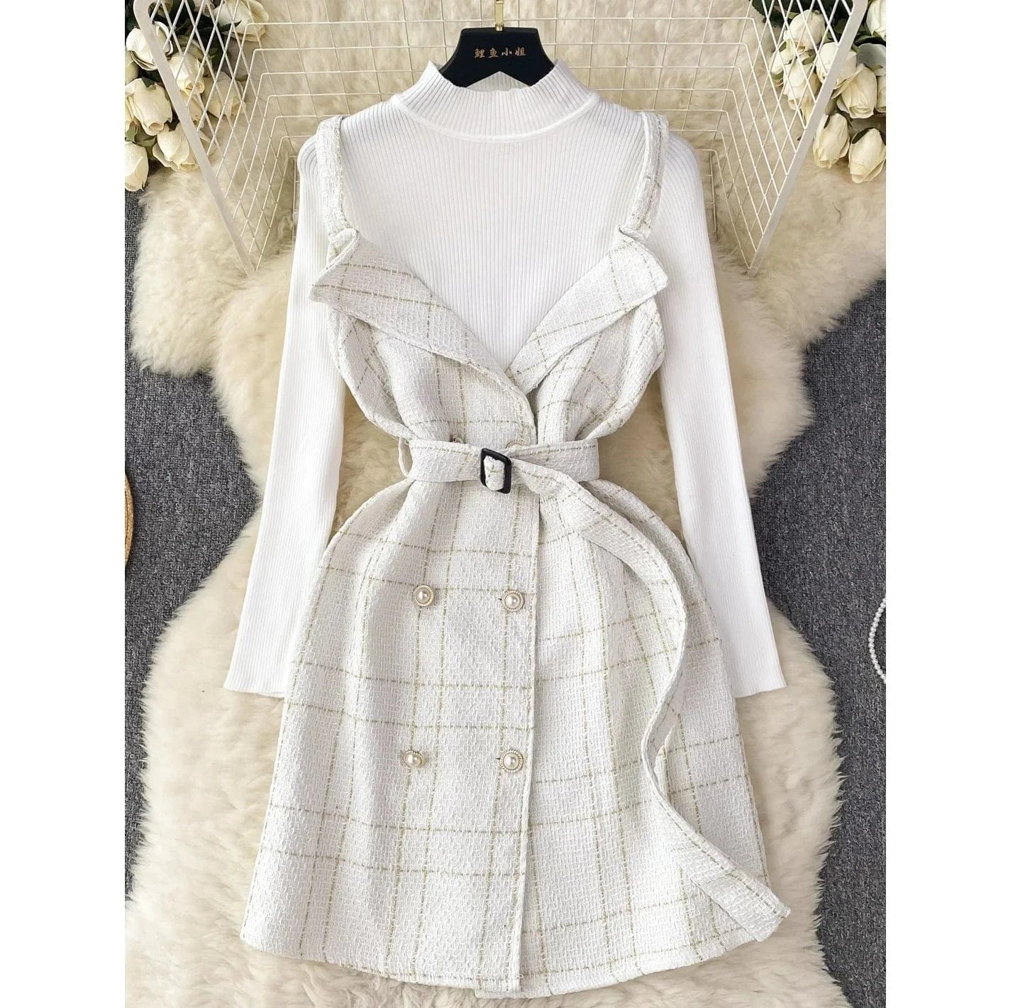 Women A Line Tweed Plaid Spaghetti Straps Dress Two-piece Bottoming Sweater Female Knitted Dress Set