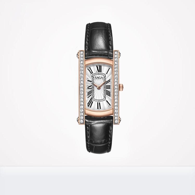 women / Black and Rose Gold SAGA 71836 Custom Women Lady Girl Luxury Branded Square Face Watch Diamond