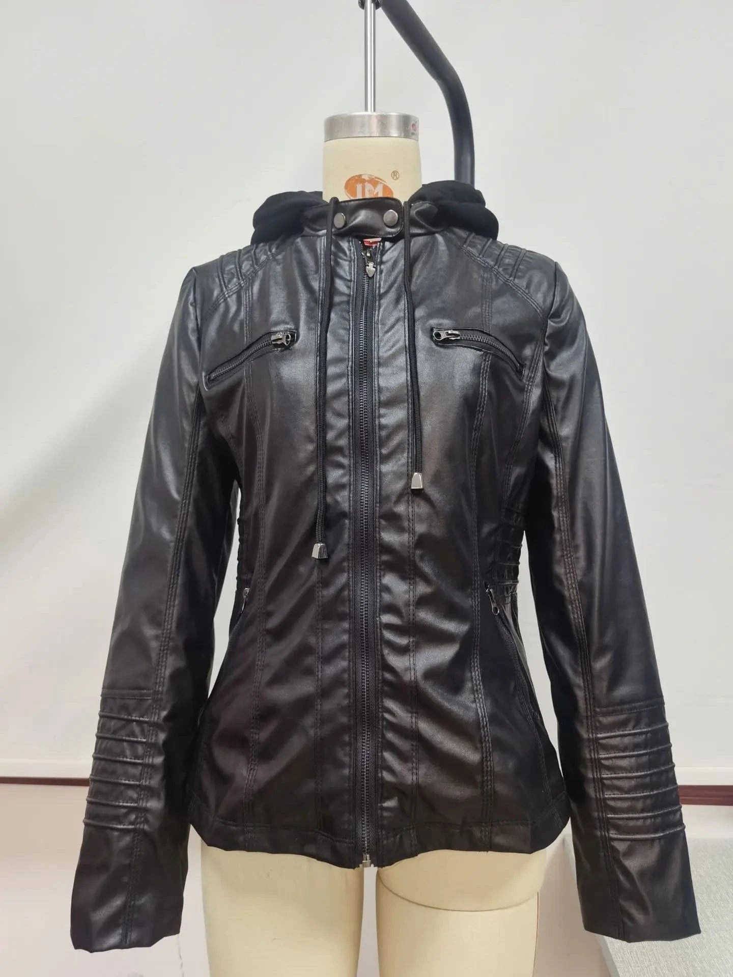 Women Black Pu Leather Hooded Jacket Front Pocket Zipper Slim Fit Ladies' Faux Leather Hoodie Jackets 7XL