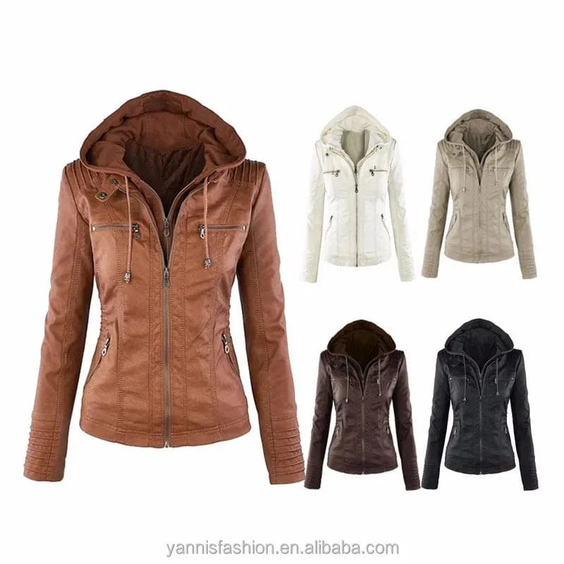 Women Black Pu Leather Hooded Jacket Front Pocket Zipper Slim Fit Ladies' Faux Leather Hoodie Jackets 7XL