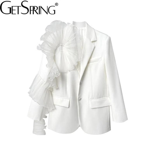 Women Blazer Asymmetry Ruffle Patchwork White Long Blazers And Jackets irregular Vintage Casual Suit Coats New