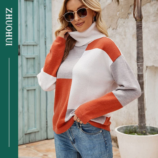 Women Block Color Patchwork Sweater 2022 Winter Warm Turtleneck Pullover Jumper Female Vintage Long Sleeve Knit Sweaters Tops