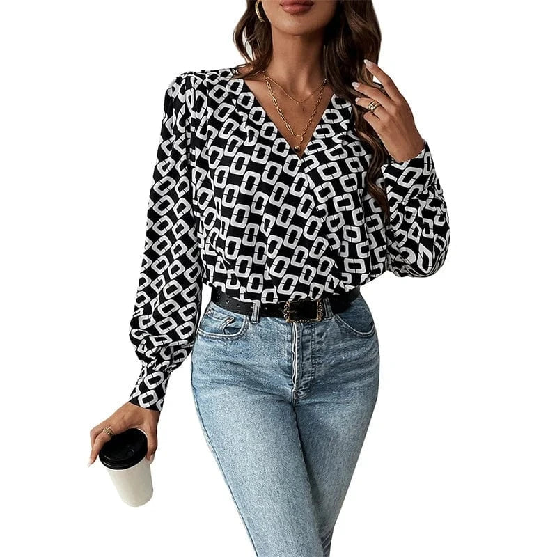 Women Blouse Boho Black And White Lantern Long-Sleeved V-Neck Stylish Printed Tops