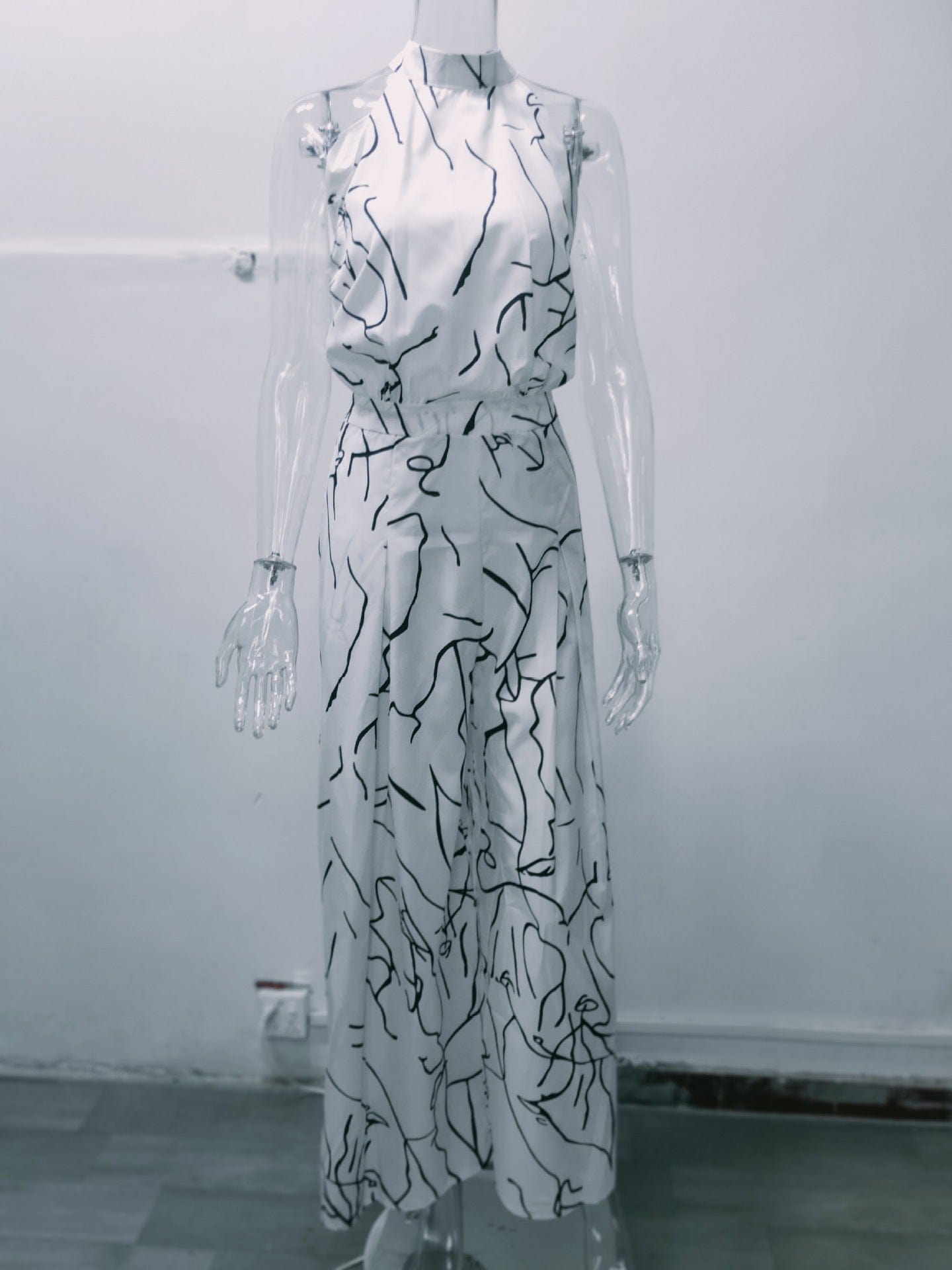 women bodysuit temperament elegant cinched waist strappy sleeveless halterneck wide leg pants ladies printed one piece jumpsuits