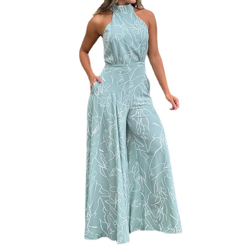 women bodysuit temperament elegant cinched waist strappy sleeveless halterneck wide leg pants ladies printed one piece jumpsuits