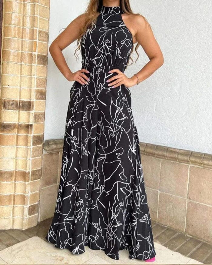 women bodysuit temperament elegant cinched waist strappy sleeveless halterneck wide leg pants ladies printed one piece jumpsuits