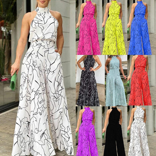 women bodysuit temperament elegant cinched waist strappy sleeveless halterneck wide leg pants ladies printed one piece jumpsuits