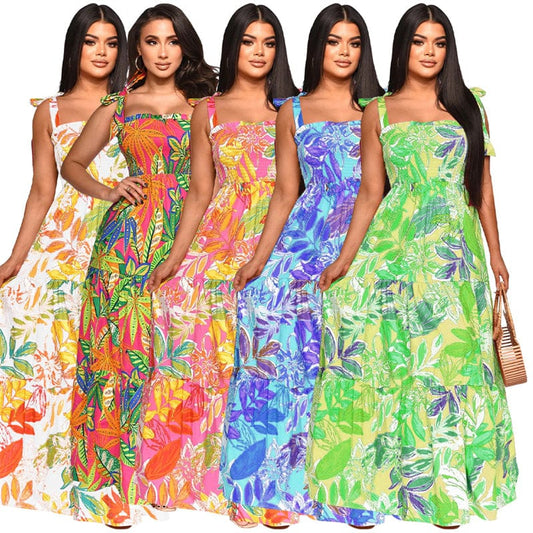 women bohemian maxi long floral print lastic casual dress ladies summer women beach floral boho long dress wholesale clothing