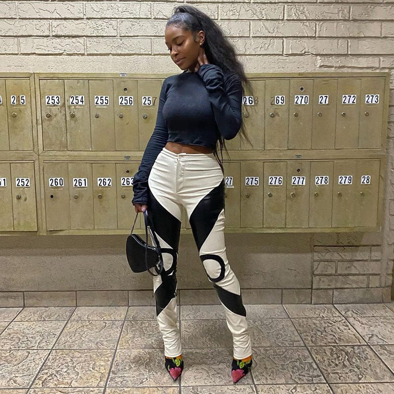 Women Boutique Clothes Women's Winter Leather Color Contrast 2023 PU Pants Women's Trousers&pants for Y2K Clothing