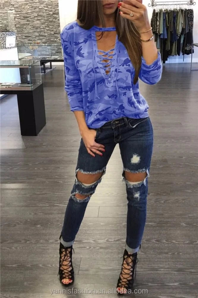 Women Camouflage Shirt Cyan Style Long Sleeve Bust Tie up Halter Neck Blouses Camisa Masculina Loose Blouse ESY2068