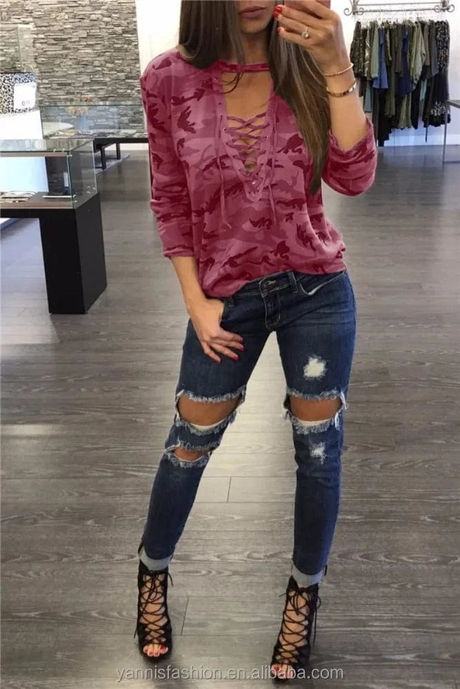 Women Camouflage Shirt Cyan Style Long Sleeve Bust Tie up Halter Neck Blouses Camisa Masculina Loose Blouse ESY2068