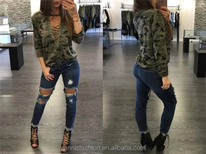 Women Camouflage Shirt Cyan Style Long Sleeve Bust Tie up Halter Neck Blouses Camisa Masculina Loose Blouse ESY2068