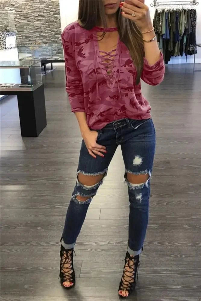 Women Camouflage Shirt Cyan Style Long Sleeve Bust Tie up Halter Neck Blouses Camisa Masculina Loose Blouse ESY2068