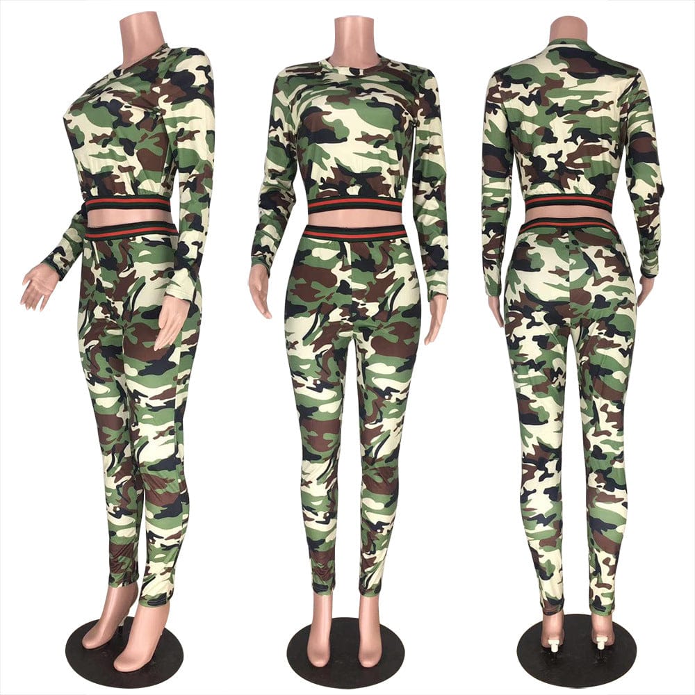 Women Casual Camo 2 Piece Outfits Jogging Suits Sweatsuit Long Sleeve Crop Top Leggings Pants Set Tracksuits