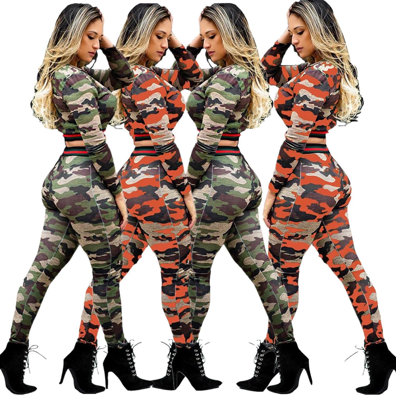 Women Casual Camo 2 Piece Outfits Jogging Suits Sweatsuit Long Sleeve Crop Top Leggings Pants Set Tracksuits