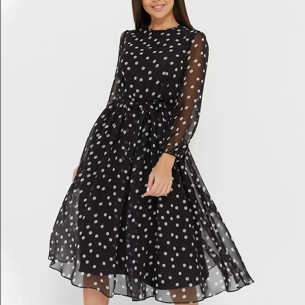 Women Chiffon Dresses Polka Dot Midi Dress Crew Neck Sexy Long Sleeve Temperament Women Office Dress