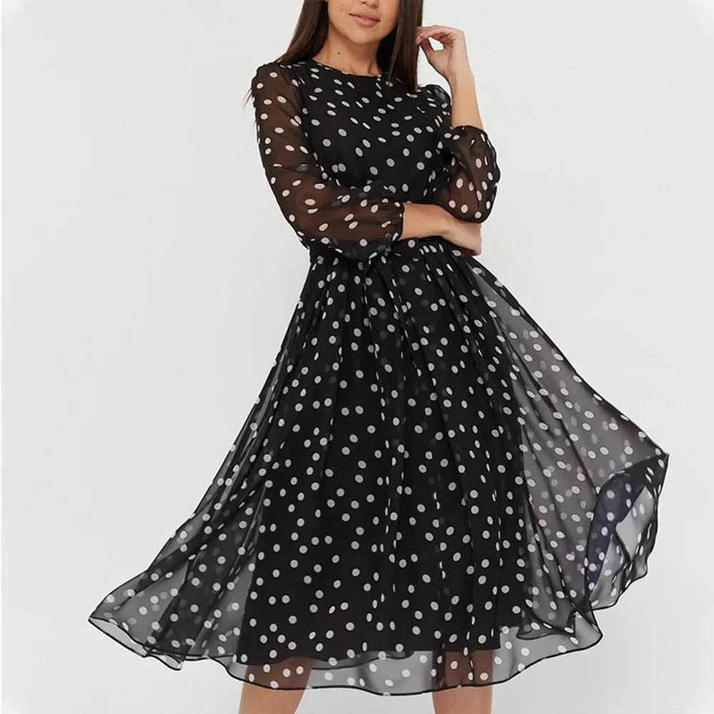 Women Chiffon Dresses Polka Dot Midi Dress Crew Neck Sexy Long Sleeve Temperament Women Office Dress
