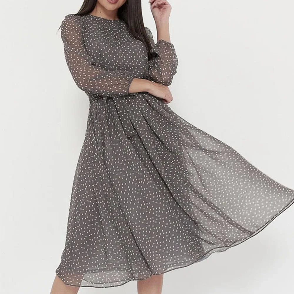 Women Chiffon Dresses Polka Dot Midi Dress Crew Neck Sexy Long Sleeve Temperament Women Office Dress
