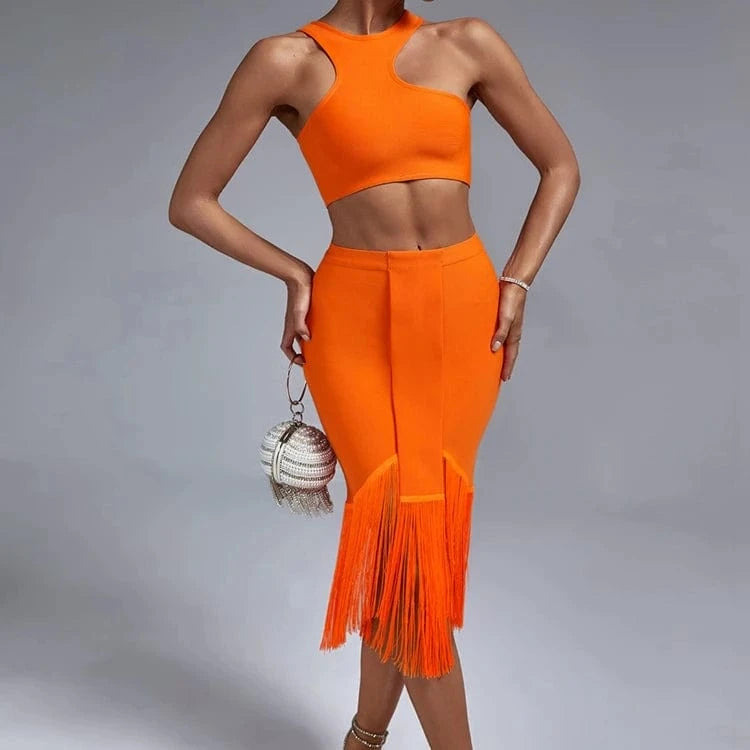 Women Clothes Sexy Tassel Two Piece Set Fashion Bandage Skirt Casual Luxury 2 Piece Set