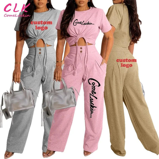 Women Clothes Trendy Women's Clothing Match Casual Custom Logo Short Sleeve T Shirt Top Wide Leg Pants Two Piece Ladies Set