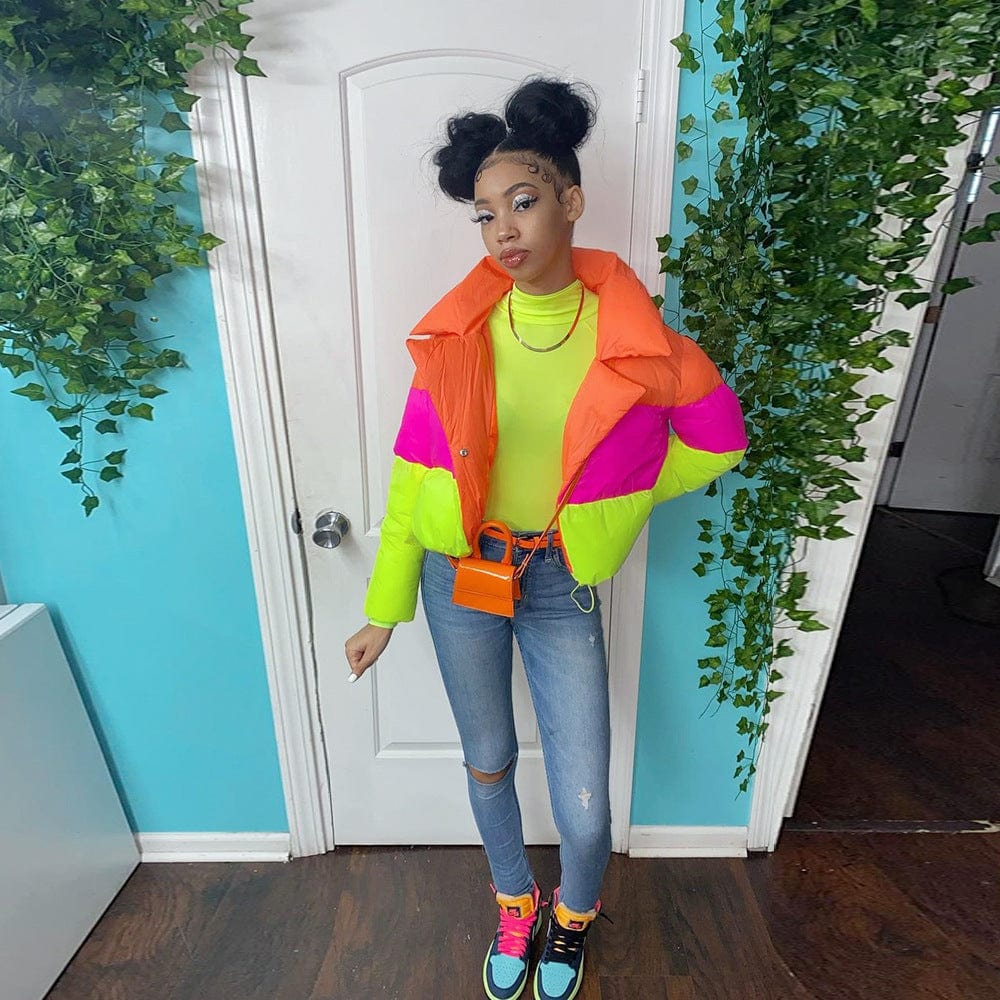 Women clothes winter long sleeve hooded bubble coat color block windbreaker down coat women bubble jacket