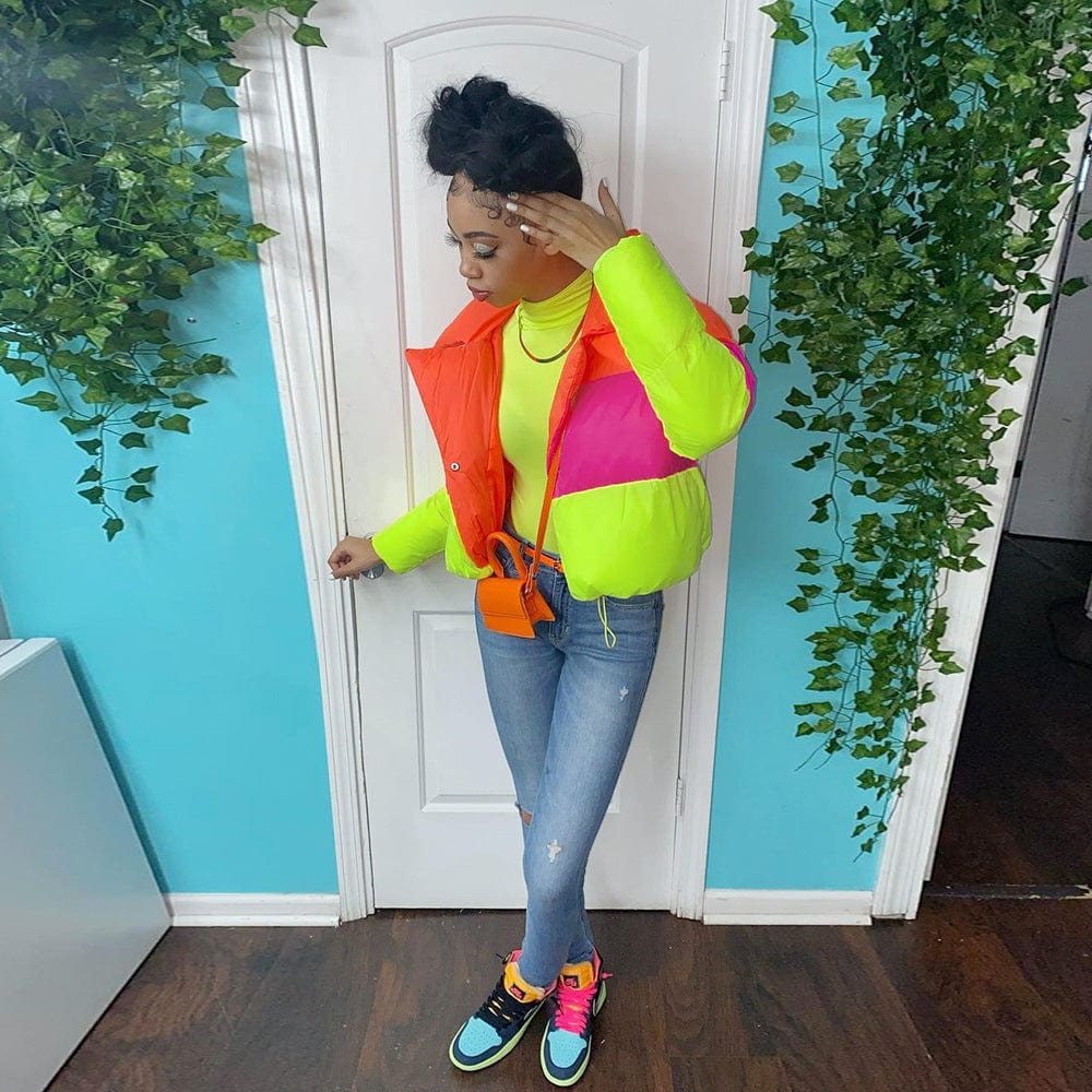 Women clothes winter long sleeve hooded bubble coat color block windbreaker down coat women bubble jacket