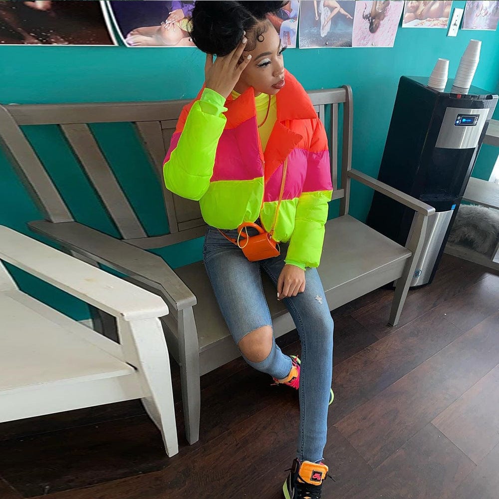 Women clothes winter long sleeve hooded bubble coat color block windbreaker down coat women bubble jacket