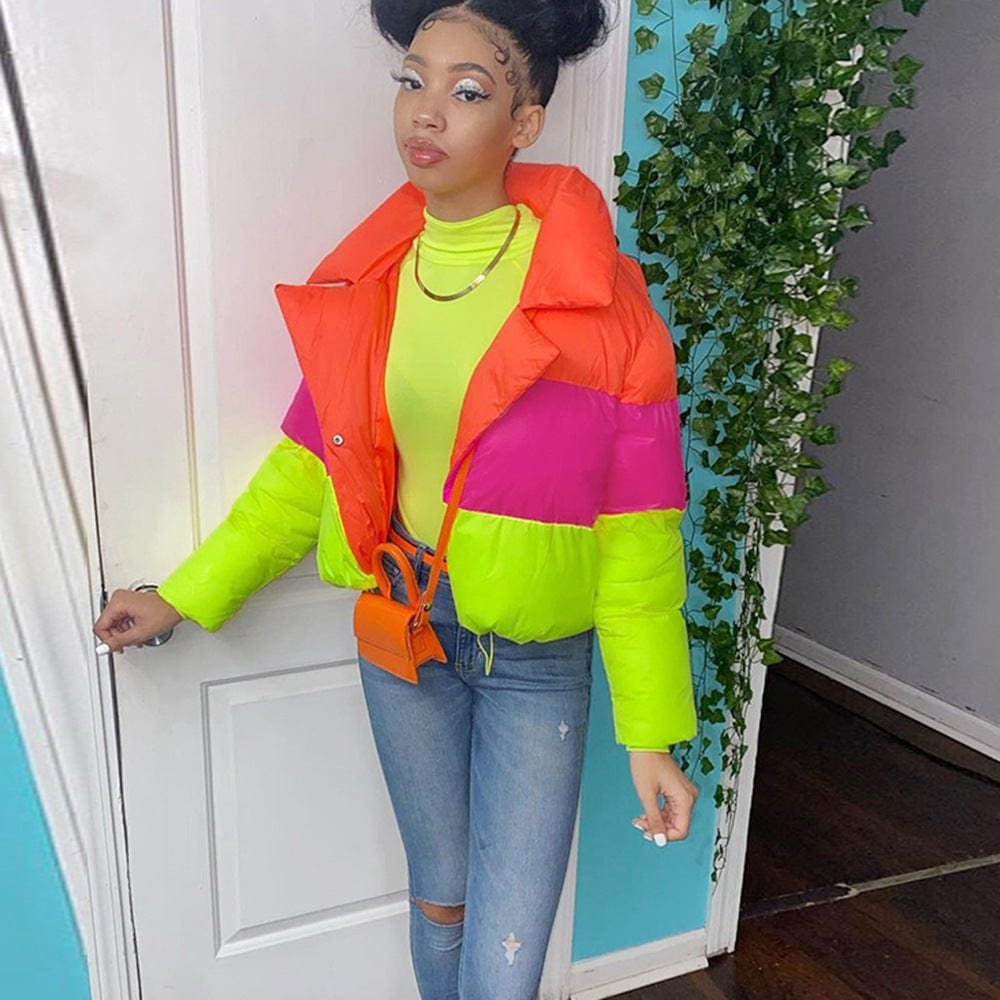 Women clothes winter long sleeve hooded bubble coat color block windbreaker down coat women bubble jacket