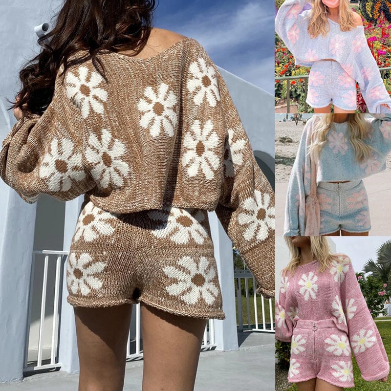 Women Clothing Sweater for Women Two Piece Set Shorts Print Fashion Sweet Lady Knitted Sweatsuits Long Sleeve Outfits
