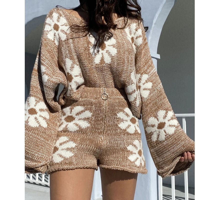 Women Clothing Sweater for Women Two Piece Set Shorts Print Fashion Sweet Lady Knitted Sweatsuits Long Sleeve Outfits