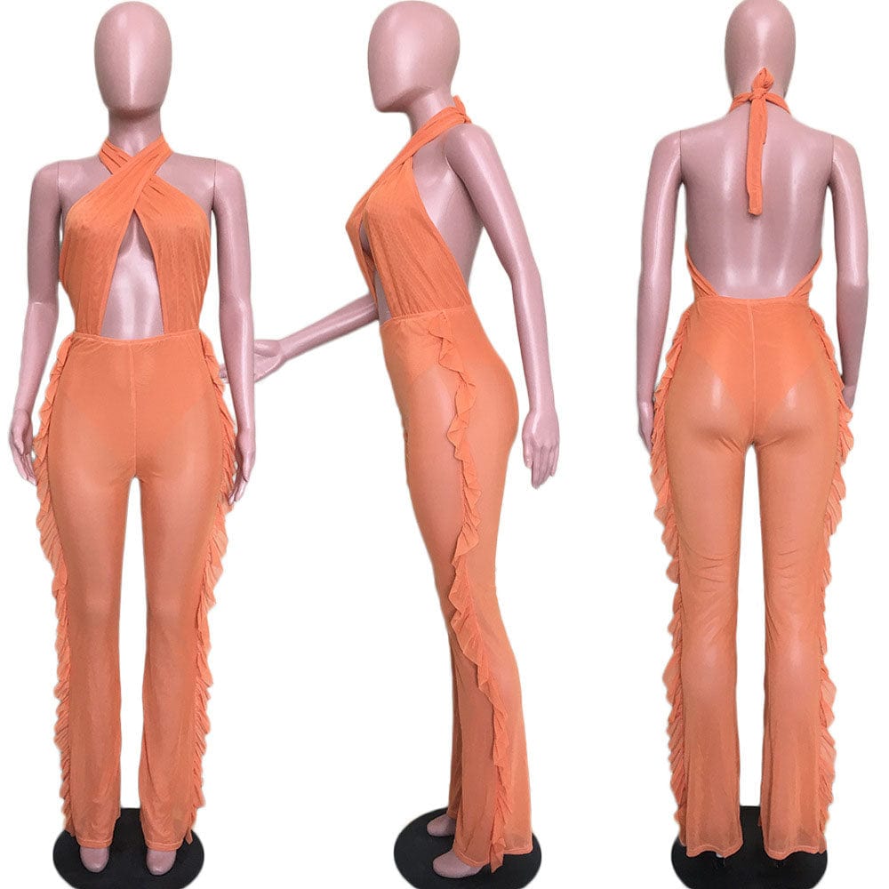 women cut out sexy mesh ruffle jumpsuit backless
