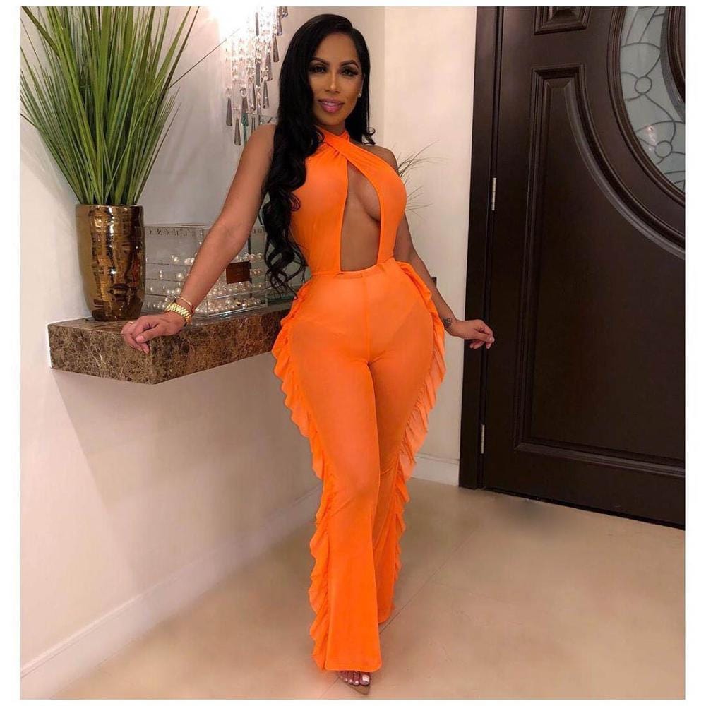 women cut out sexy mesh ruffle jumpsuit backless