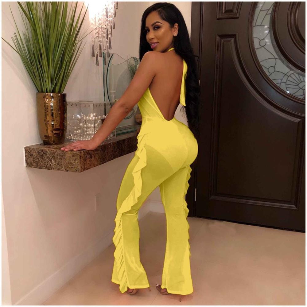 women cut out sexy mesh ruffle jumpsuit backless
