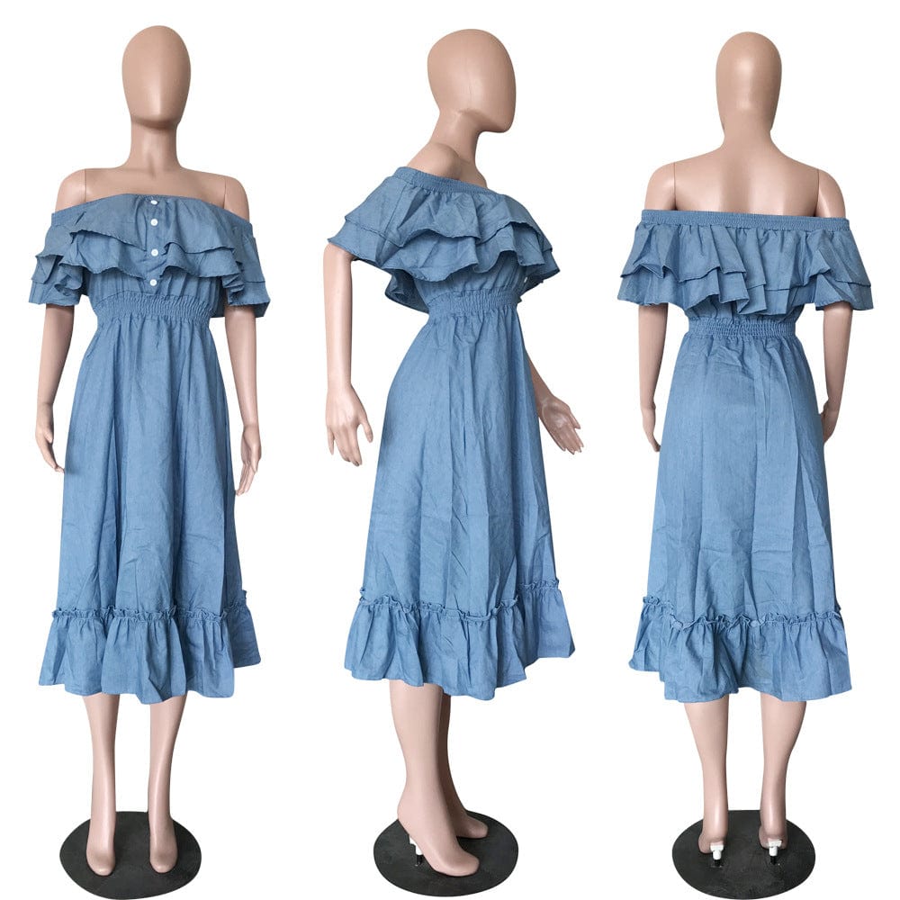 Women Denim Dress Off Shoulder Plicated Elastic Denim Dress
