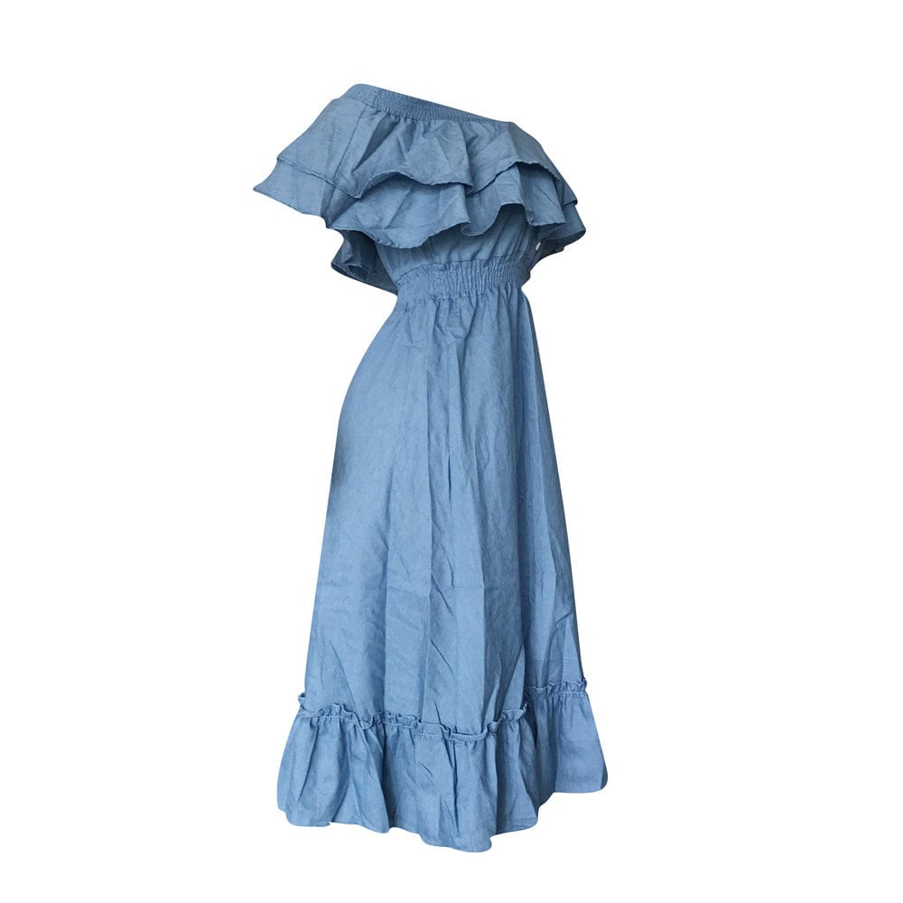 Women Denim Dress Off Shoulder Plicated Elastic Denim Dress