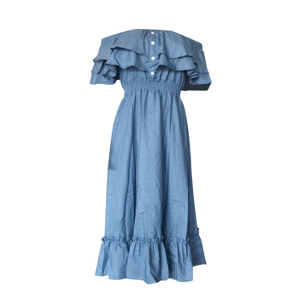 Women Denim Dress Off Shoulder Plicated Elastic Denim Dress