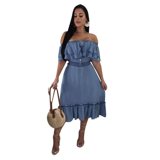 Women Denim Dress Off Shoulder Plicated Elastic Denim Dress