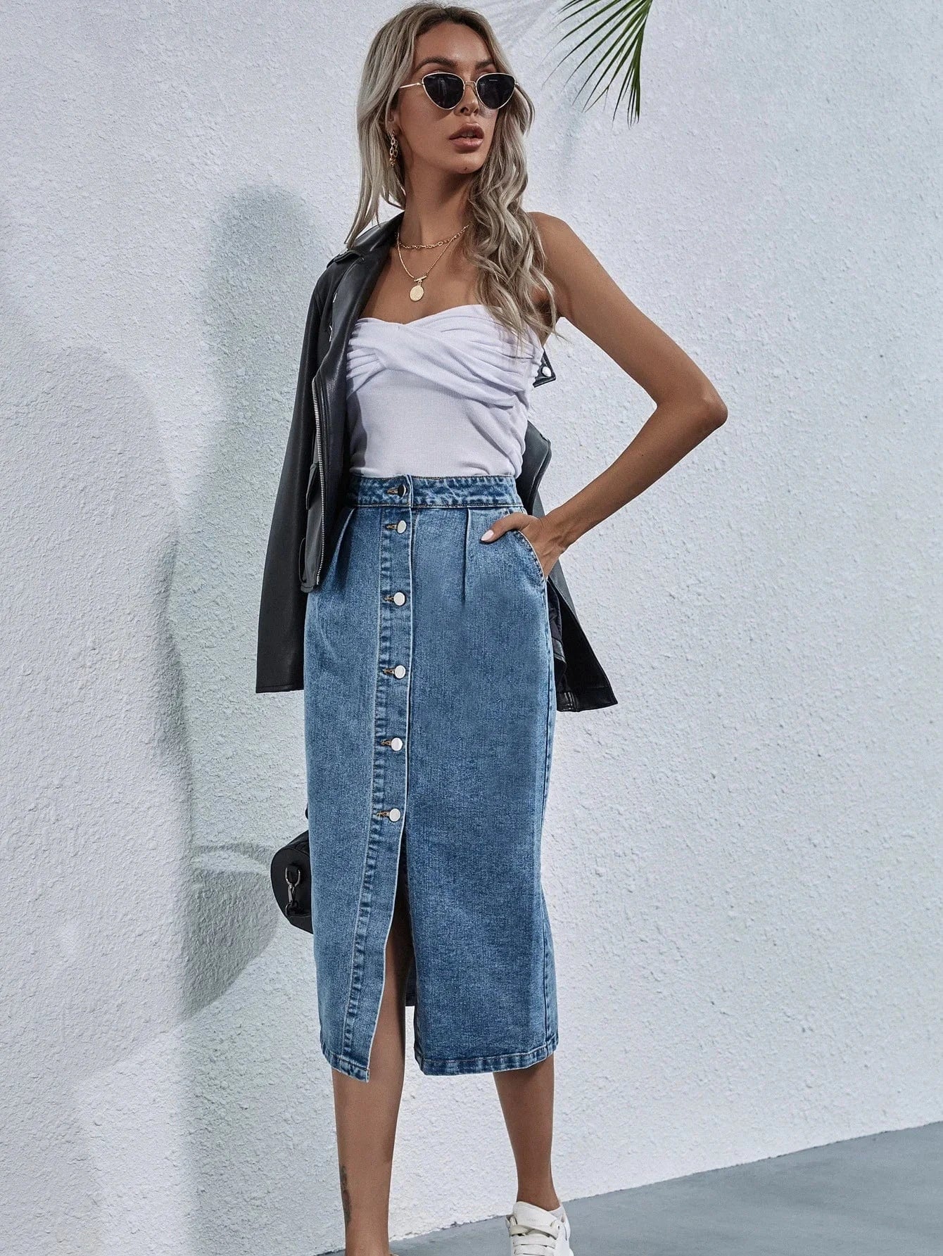 Women Denim Long Skirt Dress Single Breasted Button New Fashion Straight High Waist Girls Solid Color Pencil Slit Casual Skirt