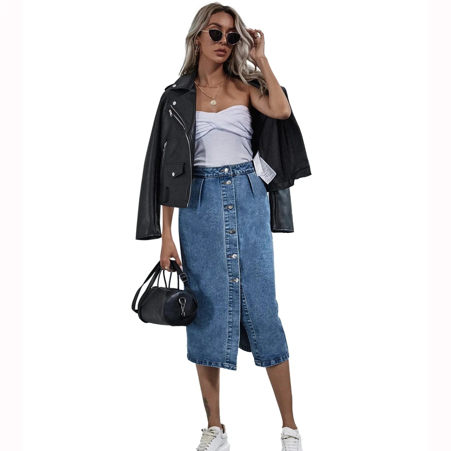 Women Denim Long Skirt Dress Single Breasted Button New Fashion Straight High Waist Girls Solid Color Pencil Slit Casual Skirt