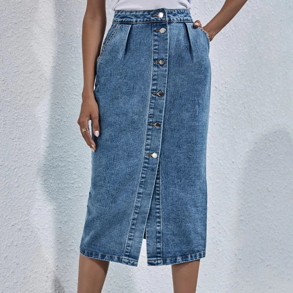 Women Denim Long Skirt Dress Single Breasted Button New Fashion Straight High Waist Girls Solid Color Pencil Slit Casual Skirt