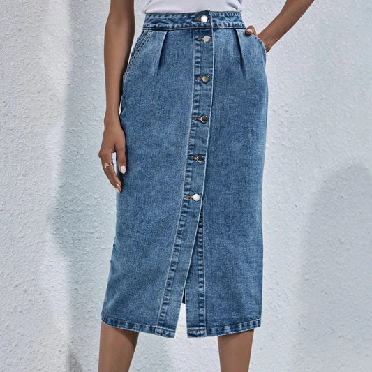 Women Denim Long Skirt Dress Single Breasted Button New Fashion Straight High Waist Girls Solid Color Pencil Slit Casual Skirt