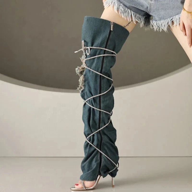 Women Denim Upper Custom Styles Over Knee High Boots Ladies High Heels Lace Up Pants Shoe Summer Jeans Sandals Long Booties