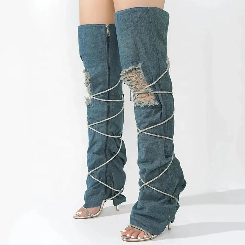 Women Denim Upper Custom Styles Over Knee High Boots Ladies High Heels Lace Up Pants Shoe Summer Jeans Sandals Long Booties