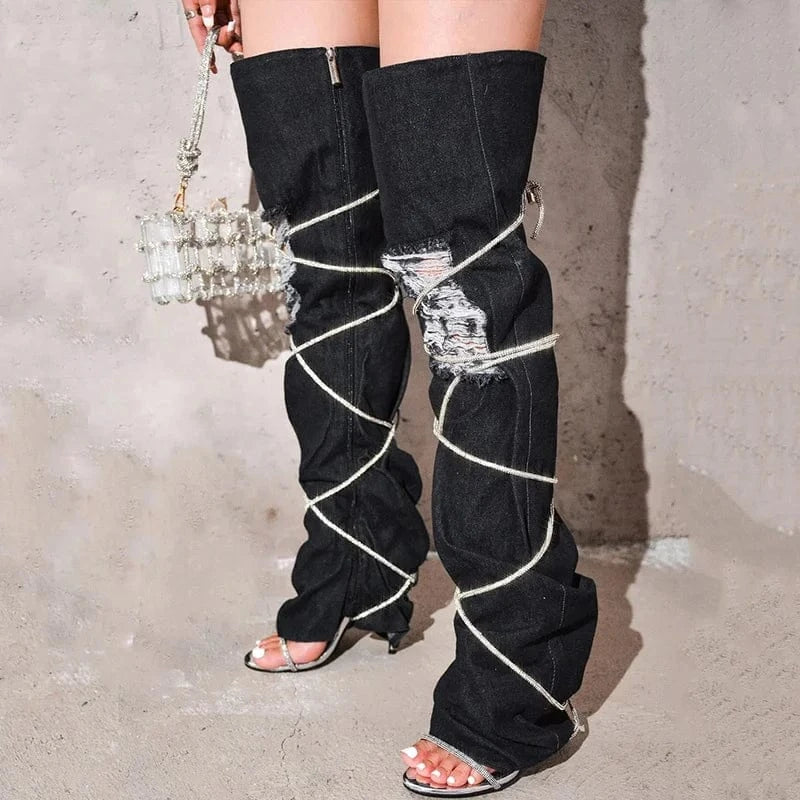 Women Denim Upper Custom Styles Over Knee High Boots Ladies High Heels Lace Up Pants Shoe Summer Jeans Sandals Long Booties