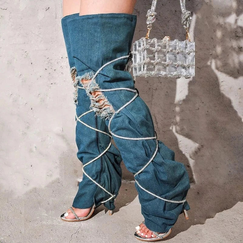 Women Denim Upper Custom Styles Over Knee High Boots Ladies High Heels Lace Up Pants Shoe Summer Jeans Sandals Long Booties