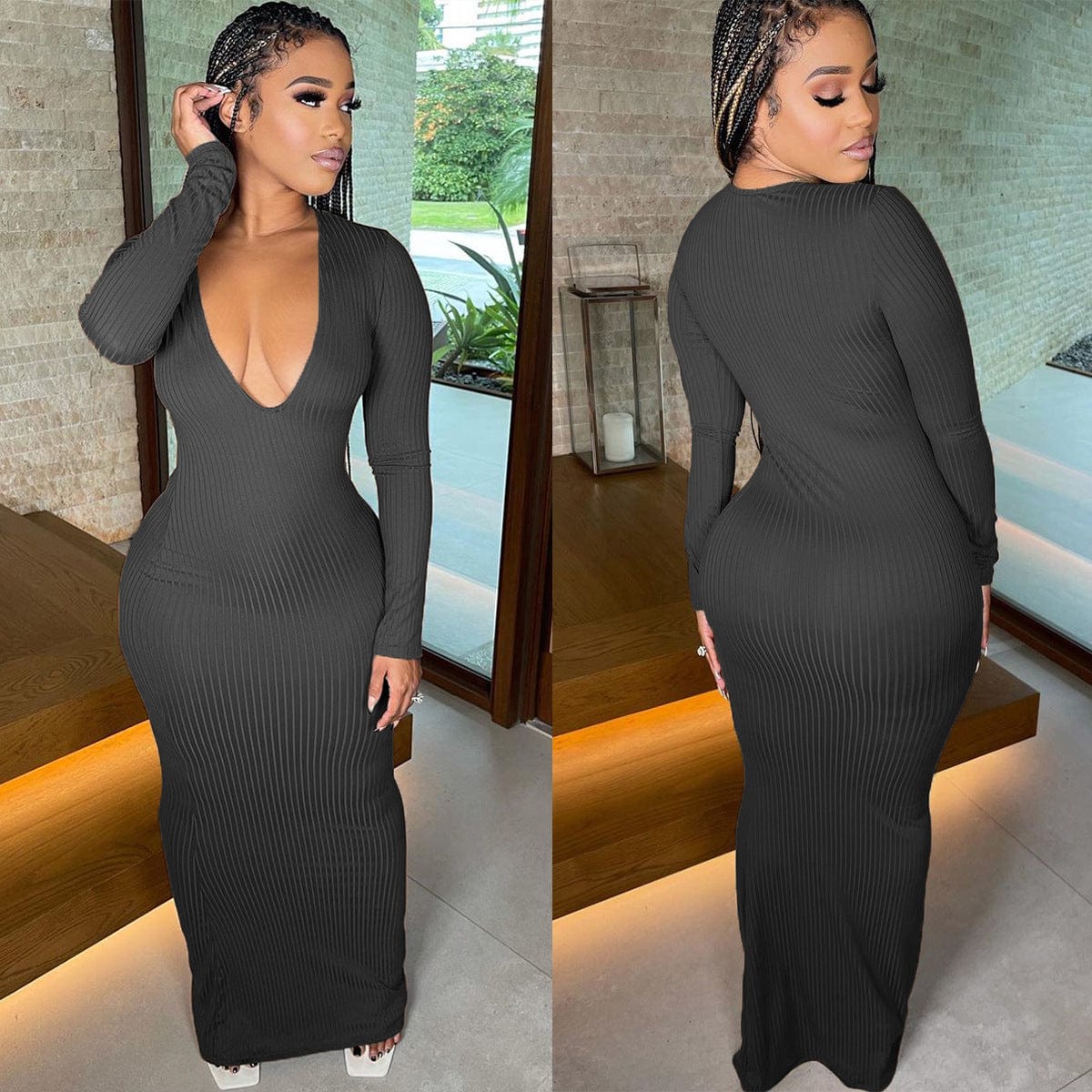 Women Dresses Knitted Women Clothing Sweater Dress Deep V Neck Maxi Casual Sexy Knitting Slim Ribbed Dress