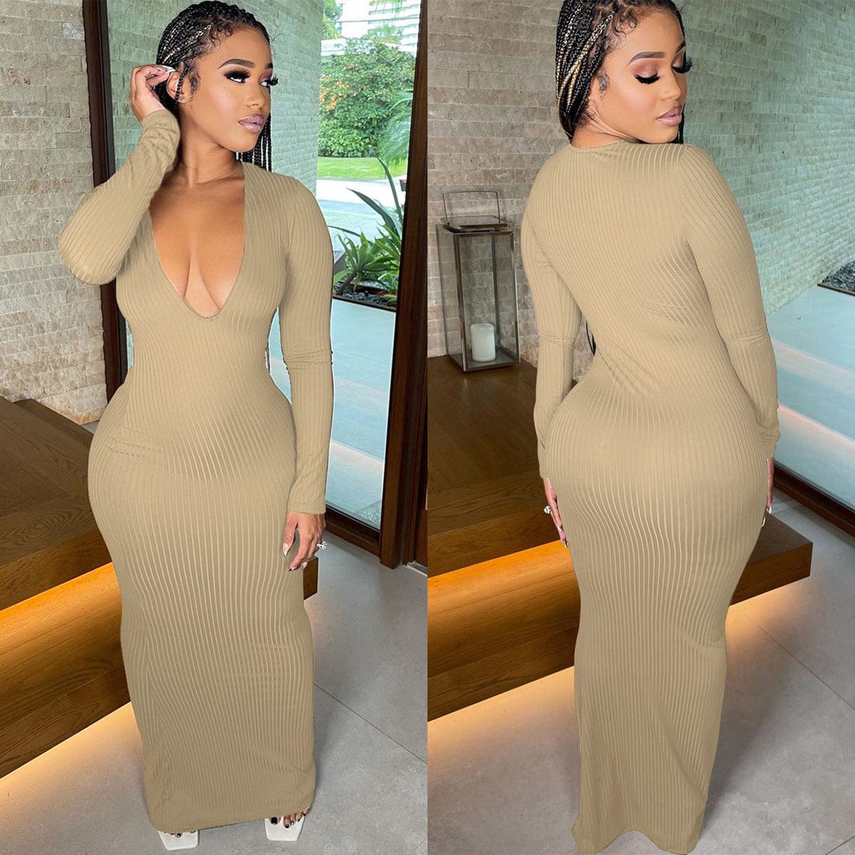 Women Dresses Knitted Women Clothing Sweater Dress Deep V Neck Maxi Casual Sexy Knitting Slim Ribbed Dress