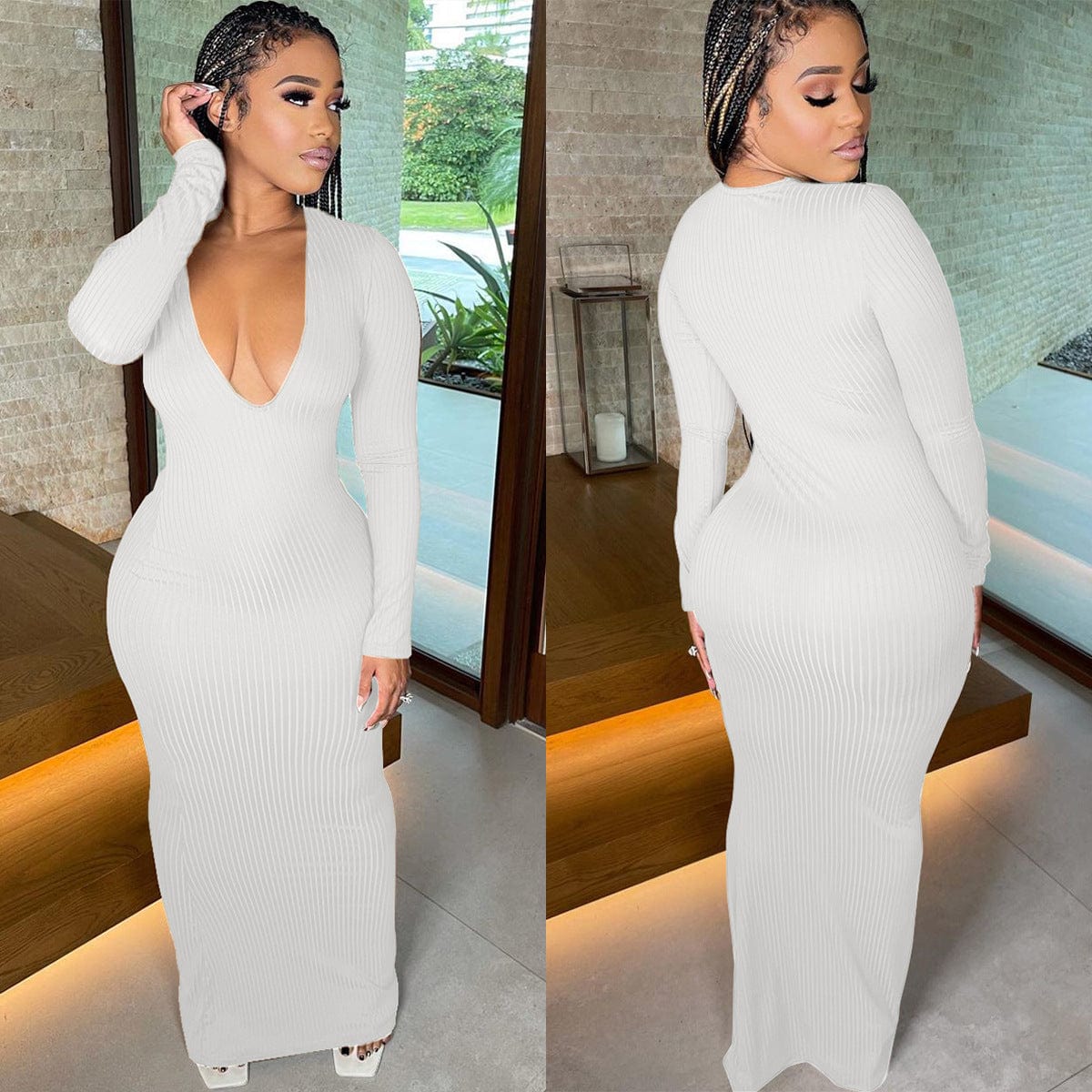 Women Dresses Knitted Women Clothing Sweater Dress Deep V Neck Maxi Casual Sexy Knitting Slim Ribbed Dress